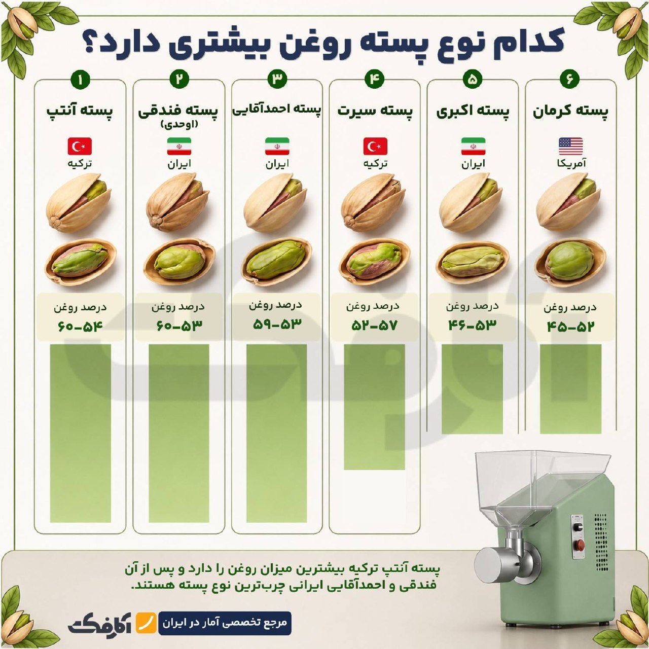 کدام نوع پسته بیشترین روغن را دارد؟ مقایسه چربی انواع پسته